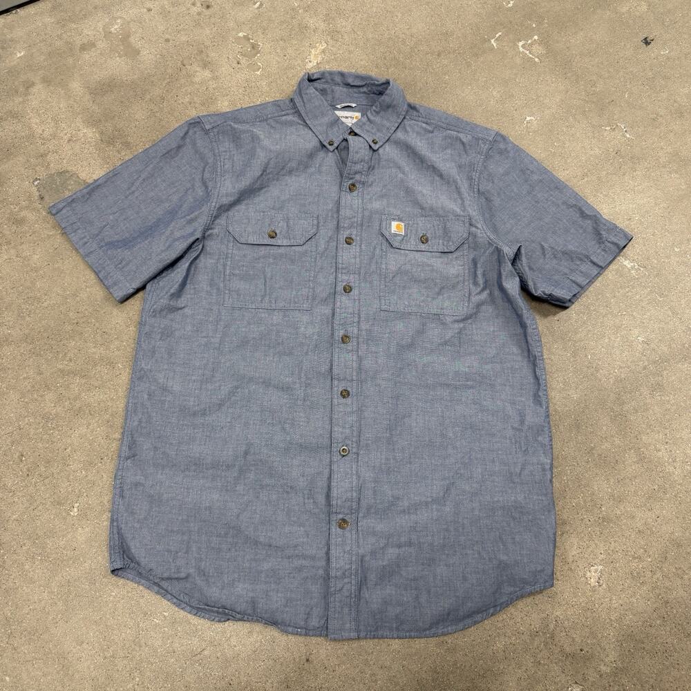 Carhartt Chambray Shirt Men Large Gray Blue Loose Fit Short Sleeve Work Utility